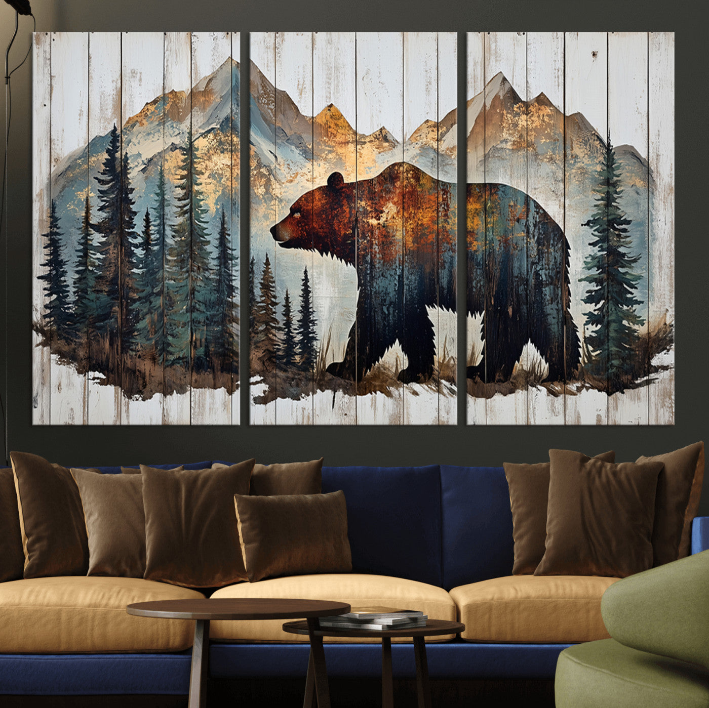 55777-MGV-CV-36X24-Rustic Grizzly 399 Bear and Mountain Wood Canvas Wall Art - Framed Nature Artwork with Forest