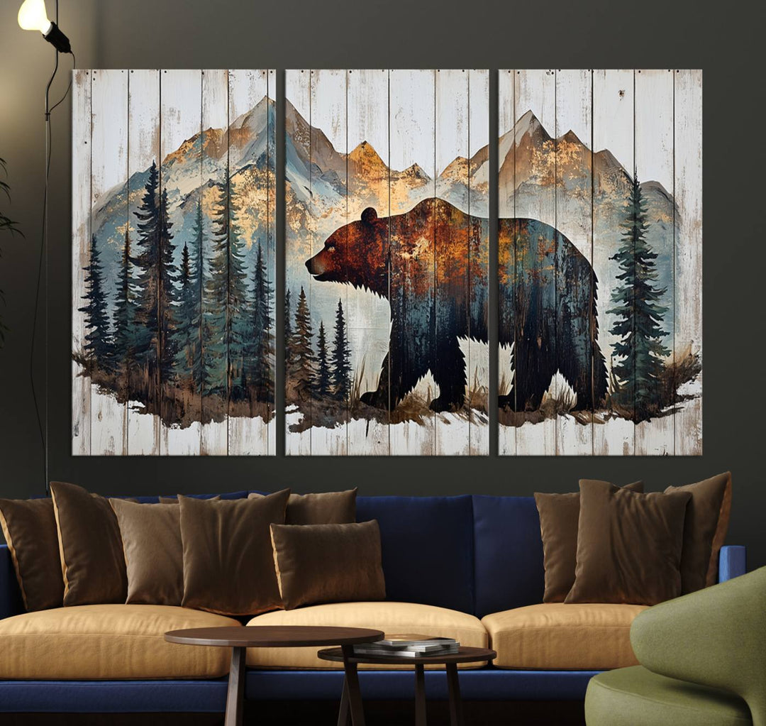 The Rustic Grizzly 399 Bear and Mountain Wood Canvas Wall Art elegantly depicts a majestic bear in a pine forest with mountain silhouettes, expertly framed on distressed wooden panels. This nature-inspired piece infuses charm and warmth, serving as perfect cabin wall decor.