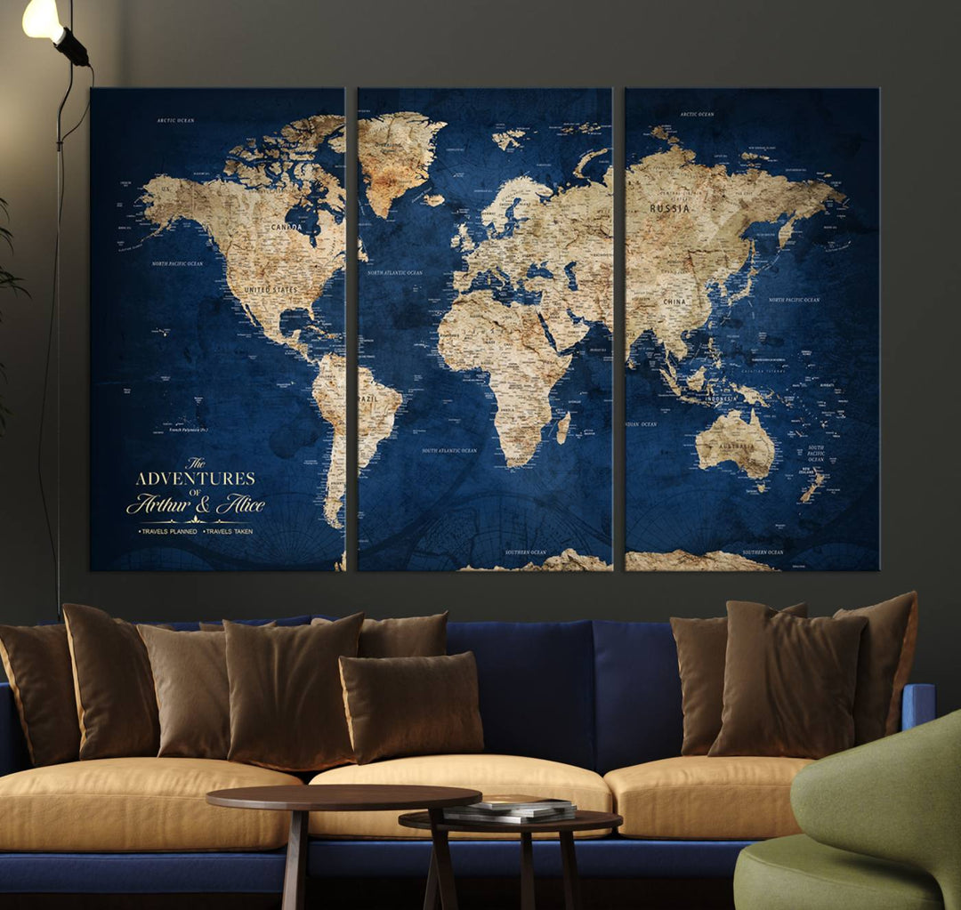 A Personalized Custom World Map Canvas Print on blue hangs prominently.