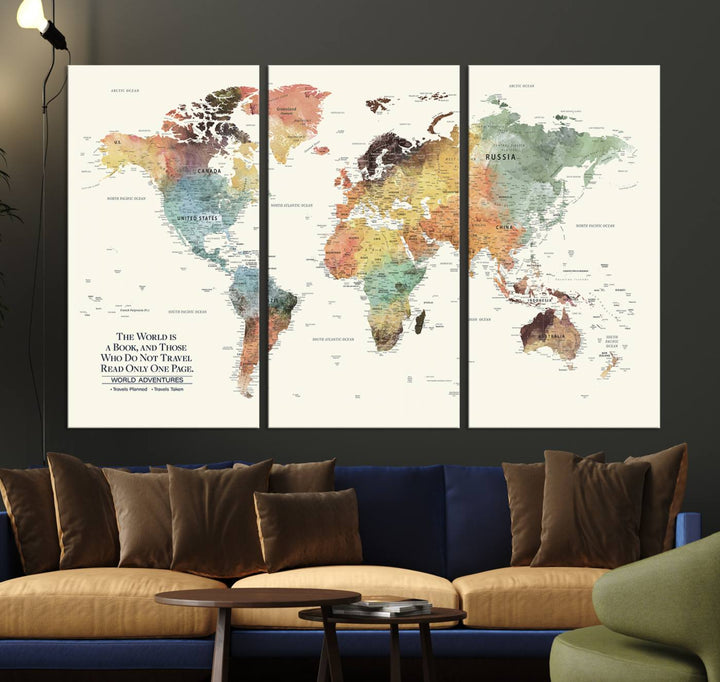 A colorful Personalized World Map Canvas Print, ideal as wall art for living room or office.