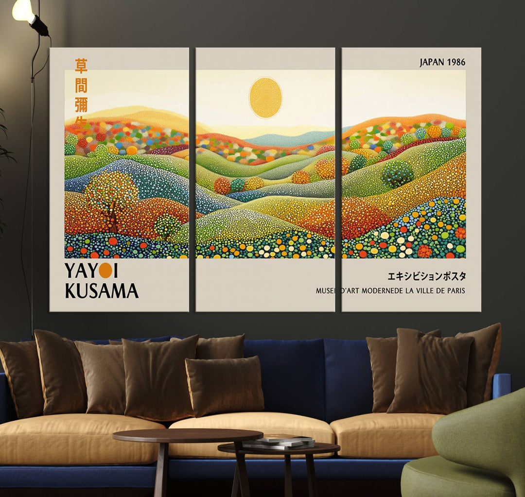 The Yayoi Kusama Wabi Sabi Japanese Wall Art Print features a vibrant landscape with dots, sun, and mountains.