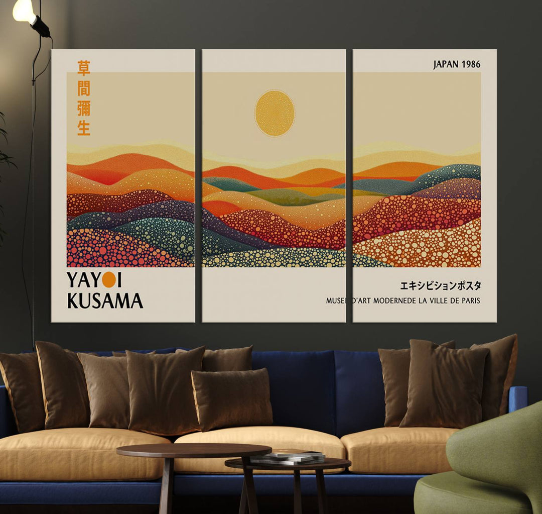 A Yayoi Kusama Wabi Sabi Japanese Wall Art Print features a vibrant, abstract landscape on canvas.