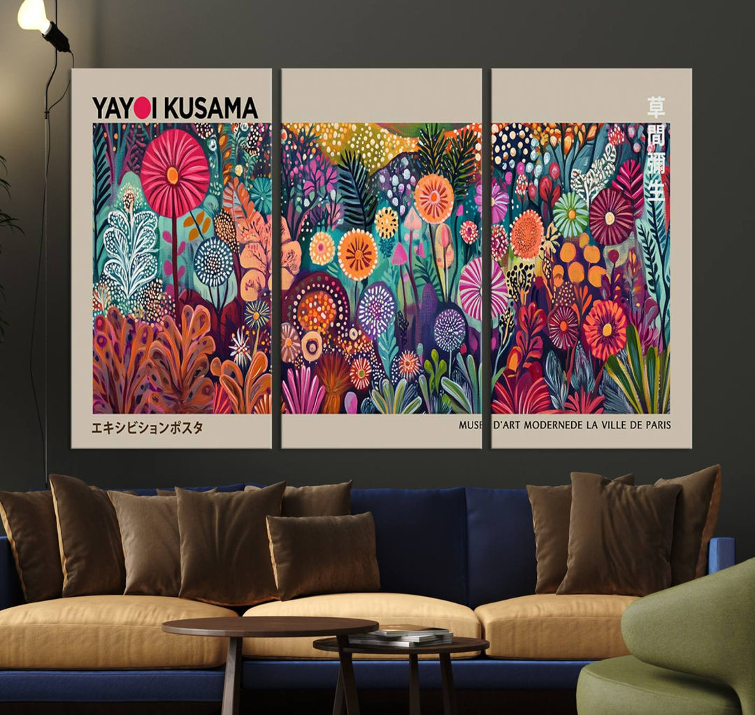 A framed "Yayoi Kusama Wall Art Canvas Print" showcases an abstract floral design, reflecting Japanese aesthetics.