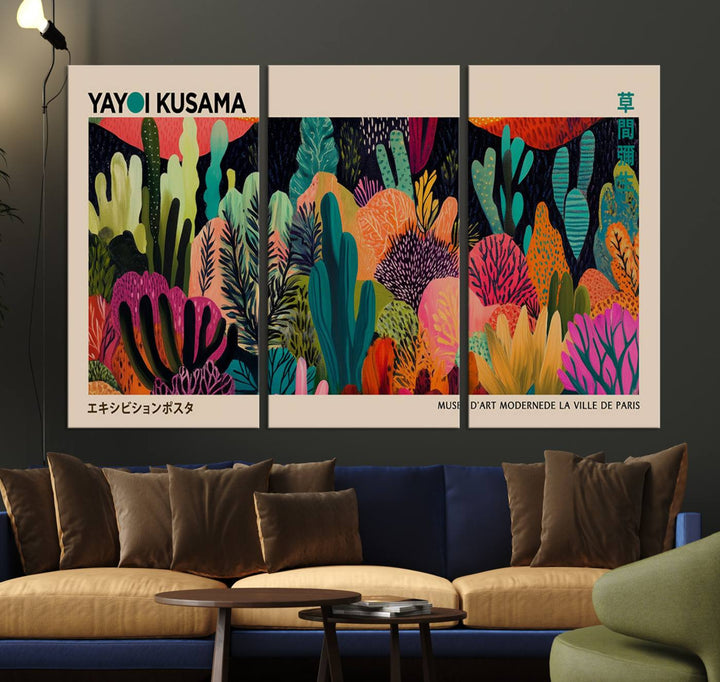 The vibrant canvas print of wall art features abstract plants, with the elegant text "Yayoi Kusama Wall Art Canvas Print" displayed on the colorful frame.