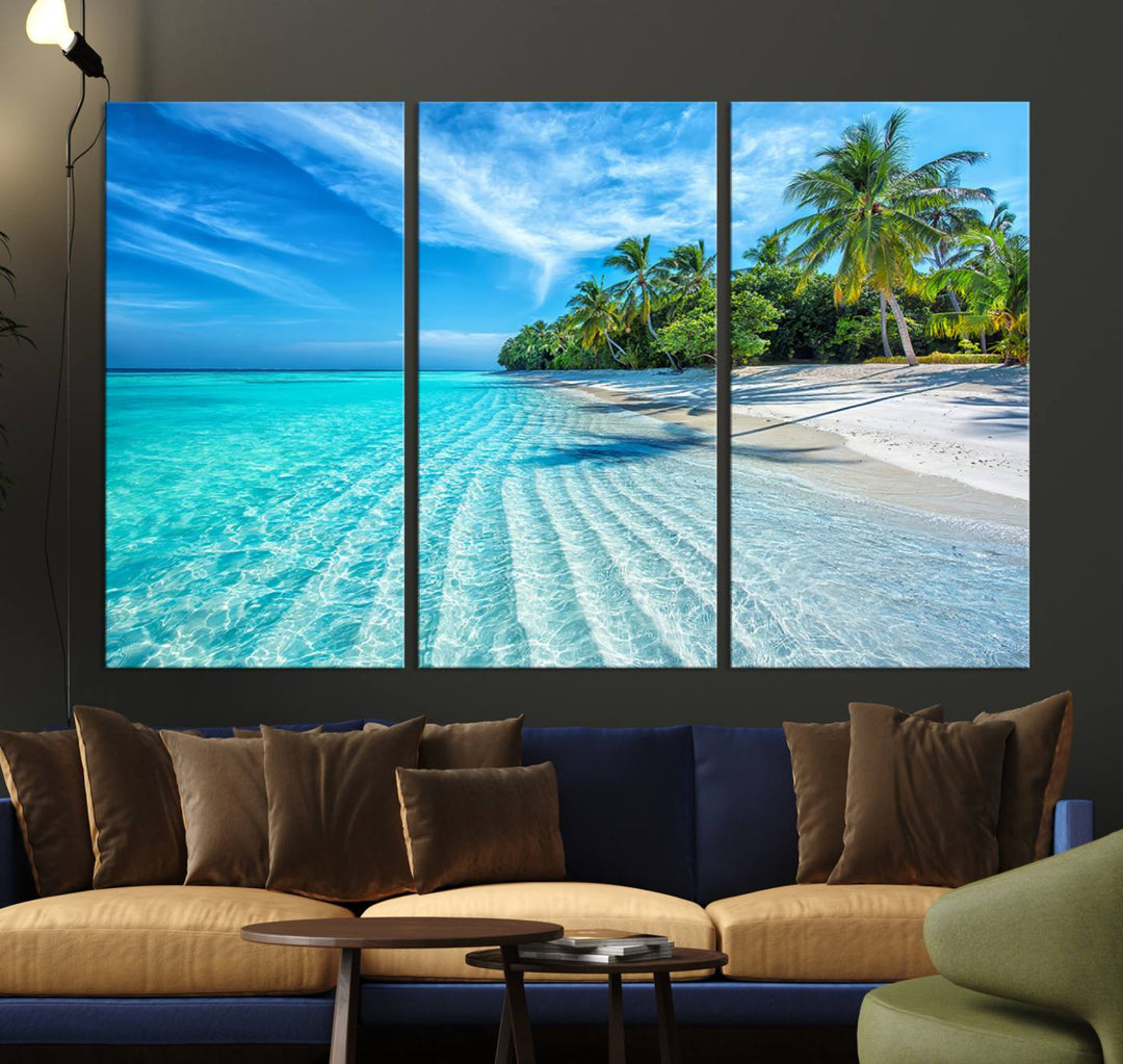 The Tropical Beach Wall Art Canvas Print features turquoise water and palm trees.