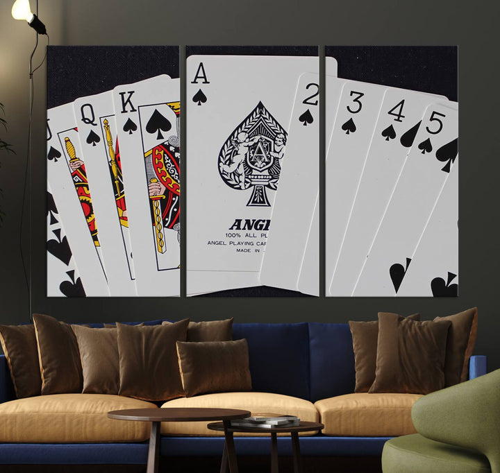 The Poker Wall Art - Playing Cards Canvas Wall Art Print features an Ace of Spades and Royal Flush design. This piece adds a classic charm to any space with its subtle emphasis on the Ace of Spades, making it perfect for game room decor.