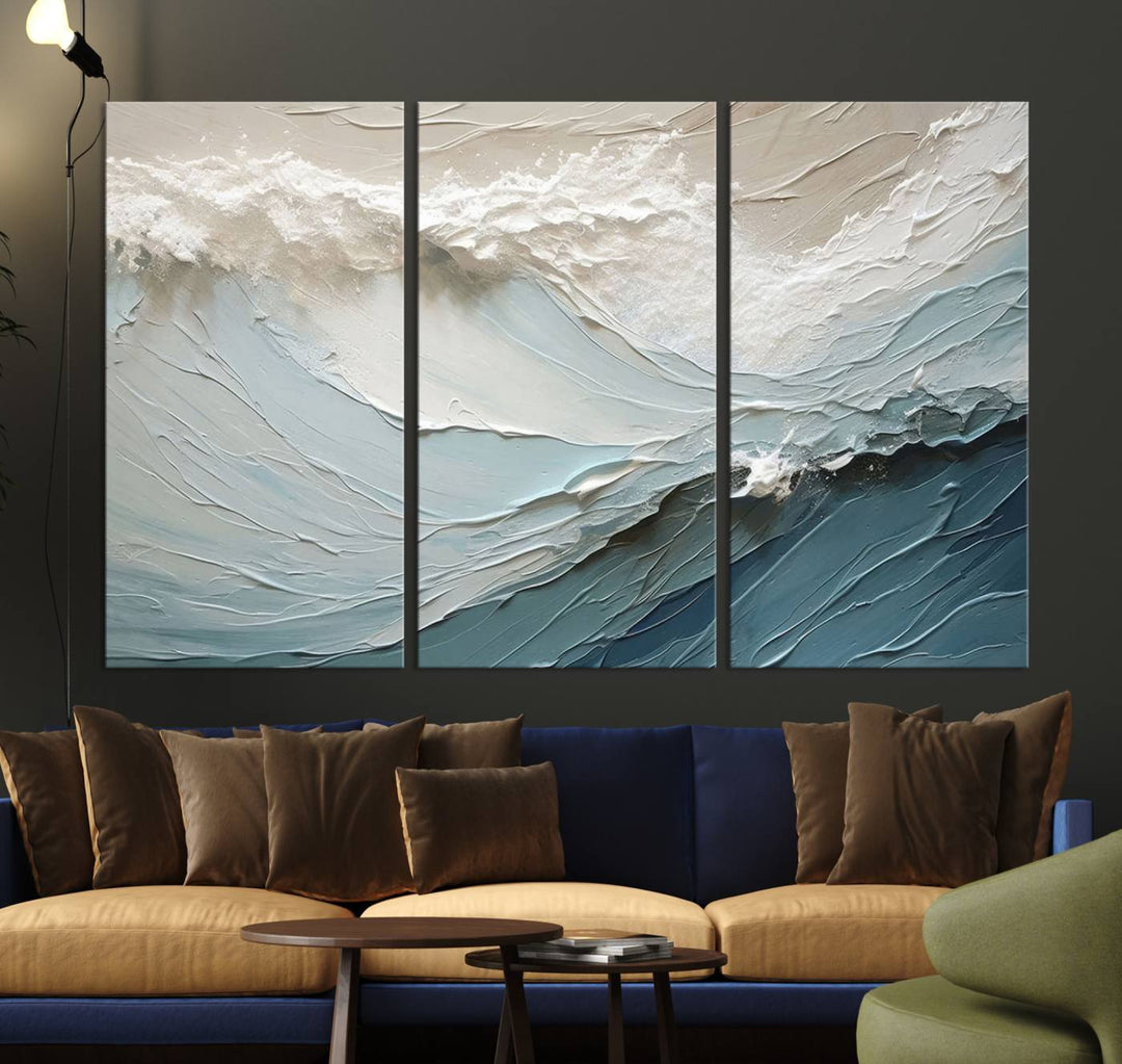 Waves Abstract Wall Art Print displayed on a porch with white siding.