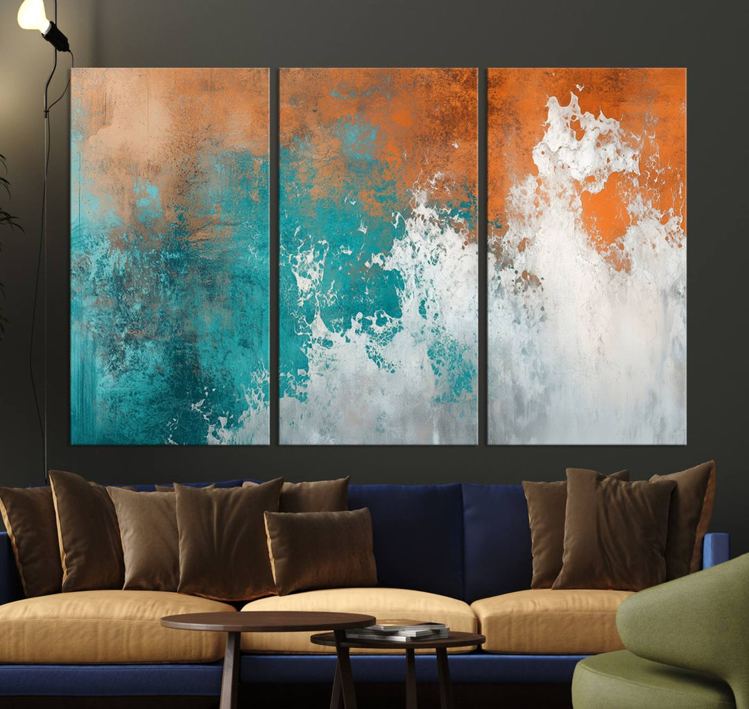 Vintage Abstract Print - Bold Teal and Orange Canvas Wall Art - Retro-Vintage Abstract Orange Canvas for Modern Decor