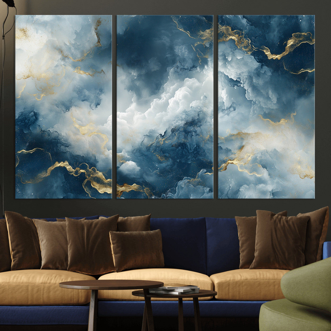 MGV-CV-48X32-3P - Large Abstract Print - Luxe Blue and Gold Abstract Canvas Wall Art - Bold Cloudscape Canvas for