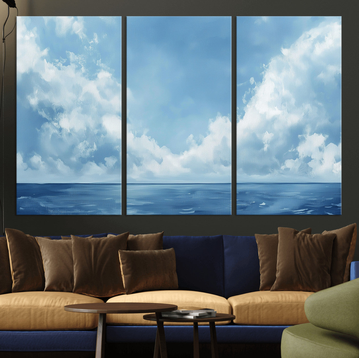MGV-CV-48X32-3P - Abstract Ocean Print Artwork- Serene Blue Ocean Canvas Wall Art - Minimalist Ocean and Sky Canvas