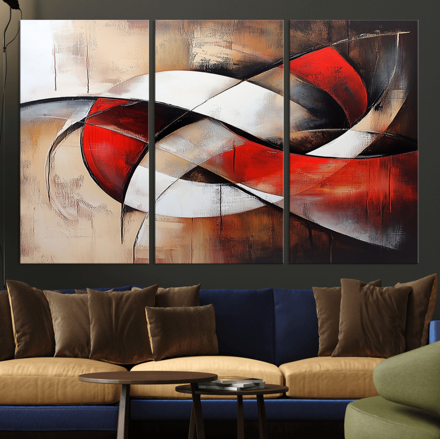 MGV-CV-48X32-3P - Abstract Wall Art - Modern Red and White Canvas Wall Art Print - Bold Geometric Abstract Canvas for