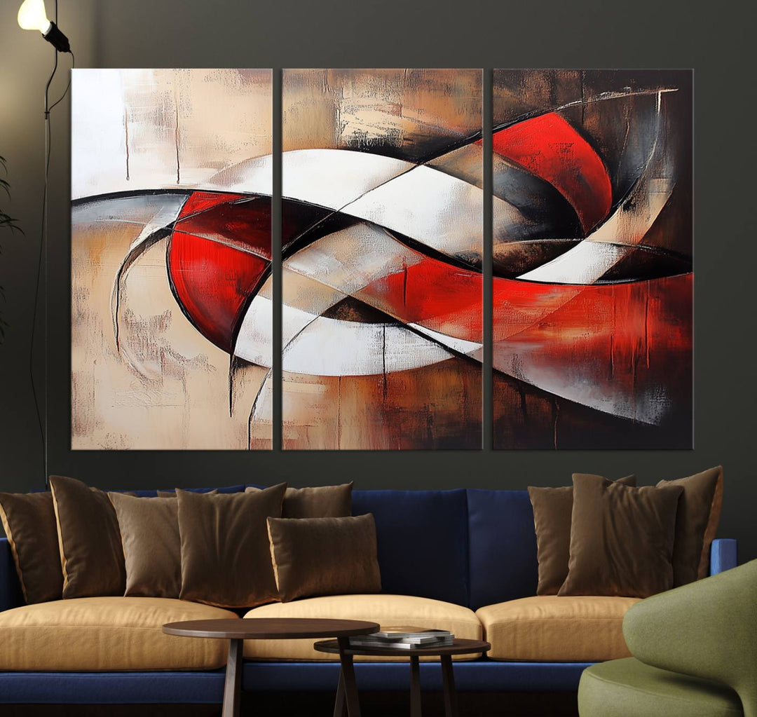 The Abstract Wall Art - Modern Red and White Canvas is displayed prominently in front of an entrance.