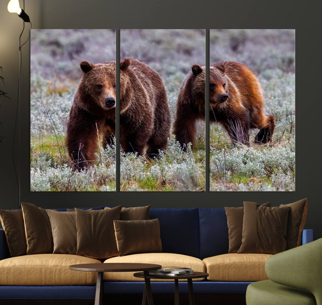 The "Grizzly 399 in Wild Flowers" wall art canvas print, showcasing grizzly bears amidst vibrant wildflowers, elegantly captures the enchanting essence of nature. This handmade piece from the USA brings striking beauty to any space.