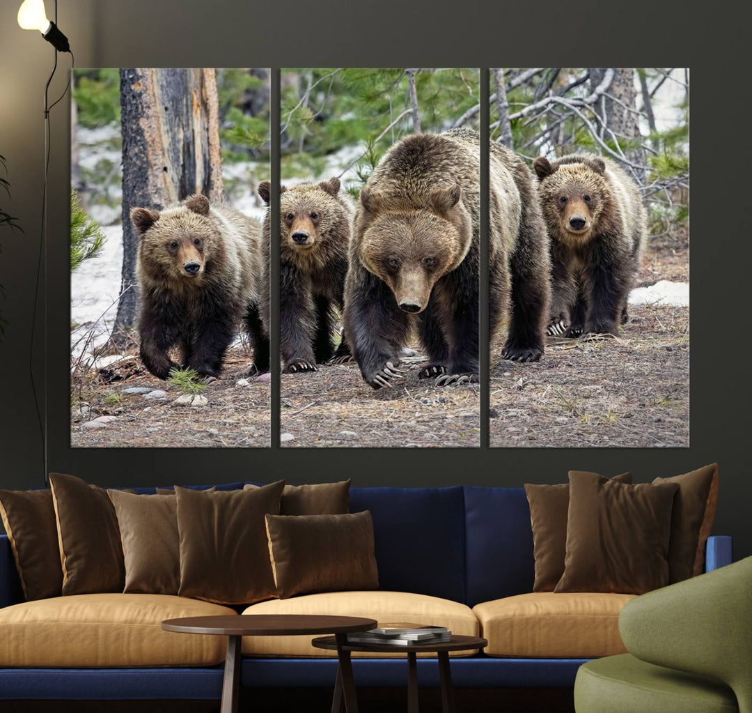 The Grizzly 399 and Cubs in Wild Flowers Wall Art Canvas Print, depicting grizzly bears amidst wildflowers, is elegantly displayed.