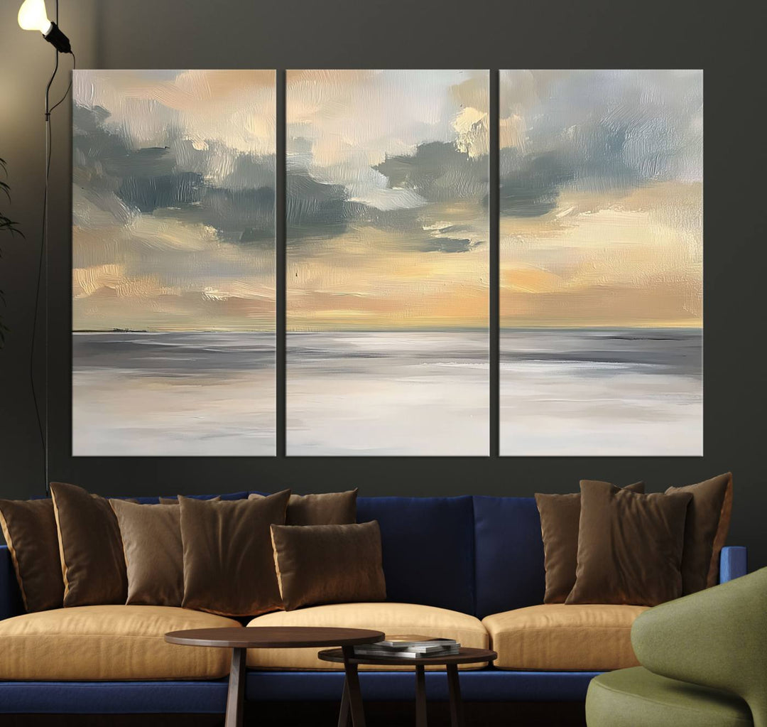 The Modern Coastal Wall Art Canvas Print features vibrant abstract ocean waves and clouds.