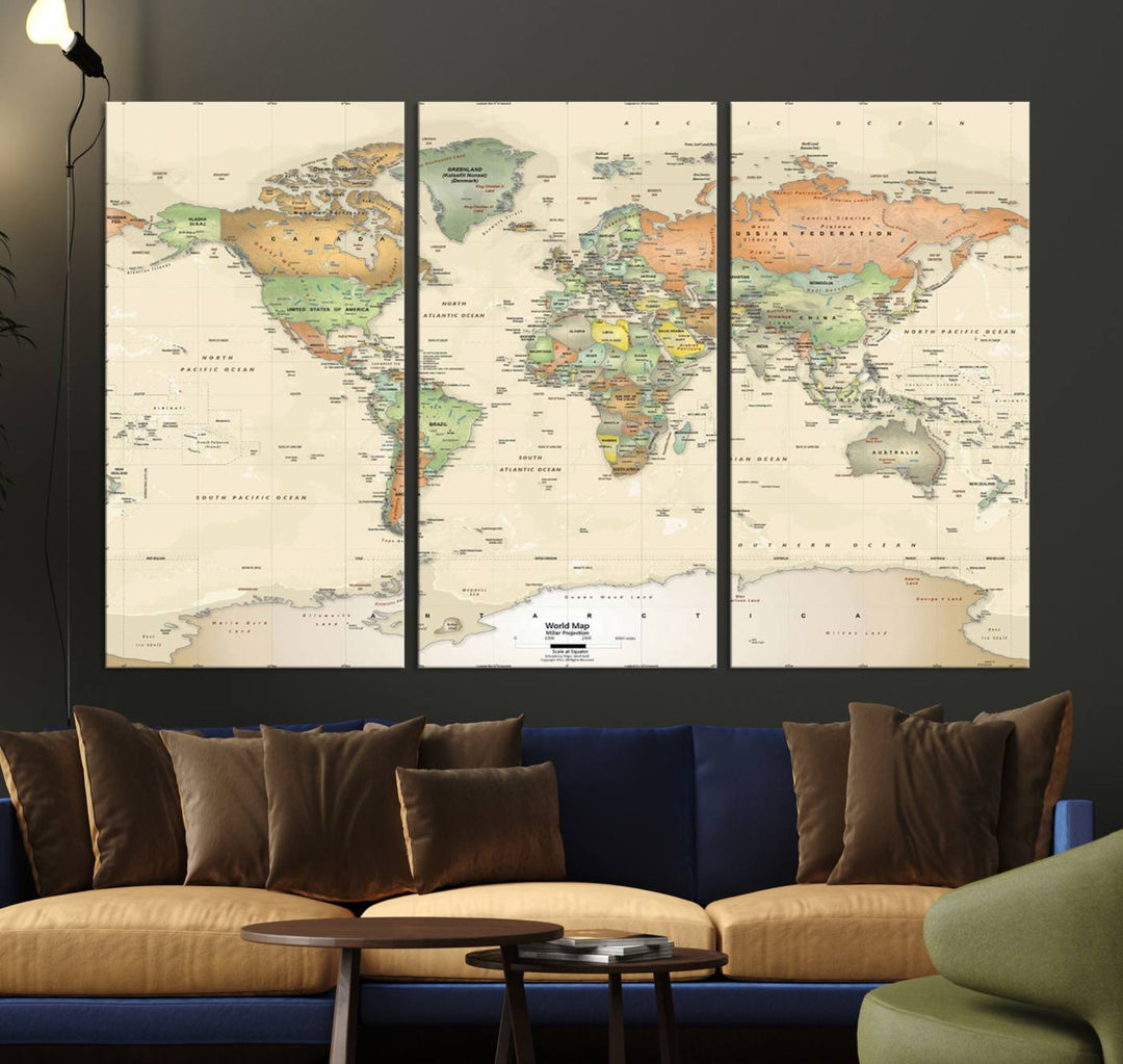 The Large Push Pin World Map Wall Art Canvas Print, with a gallery-quality finish, is carefully crafted on premium canvas and handmade in the USA. This piece adds a touch of elegance to any space.