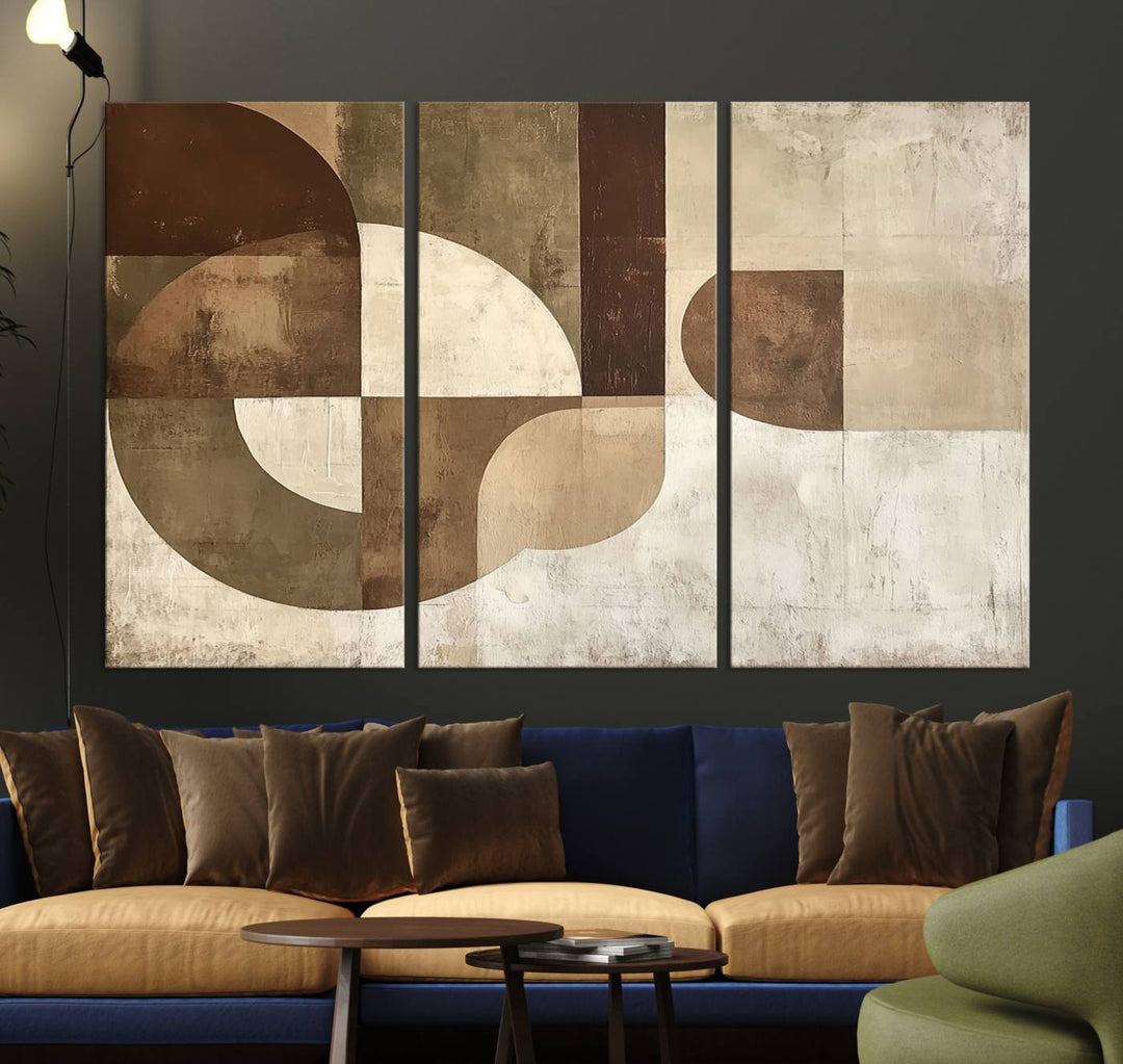 A Wabi Sabi Geometric Minimalist Wall Art Canvas Print—with a modern abstract geometric design in brown and beige tones—stands proudly in front of a house.