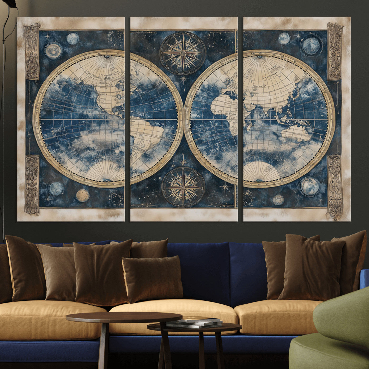46473-MGV-CV-36X24-Framed Vintage Blue World Map Canvas Print – Antique Double Hemisphere Wall Art for Home and Office Decor, Classic Explorer Map Artwork