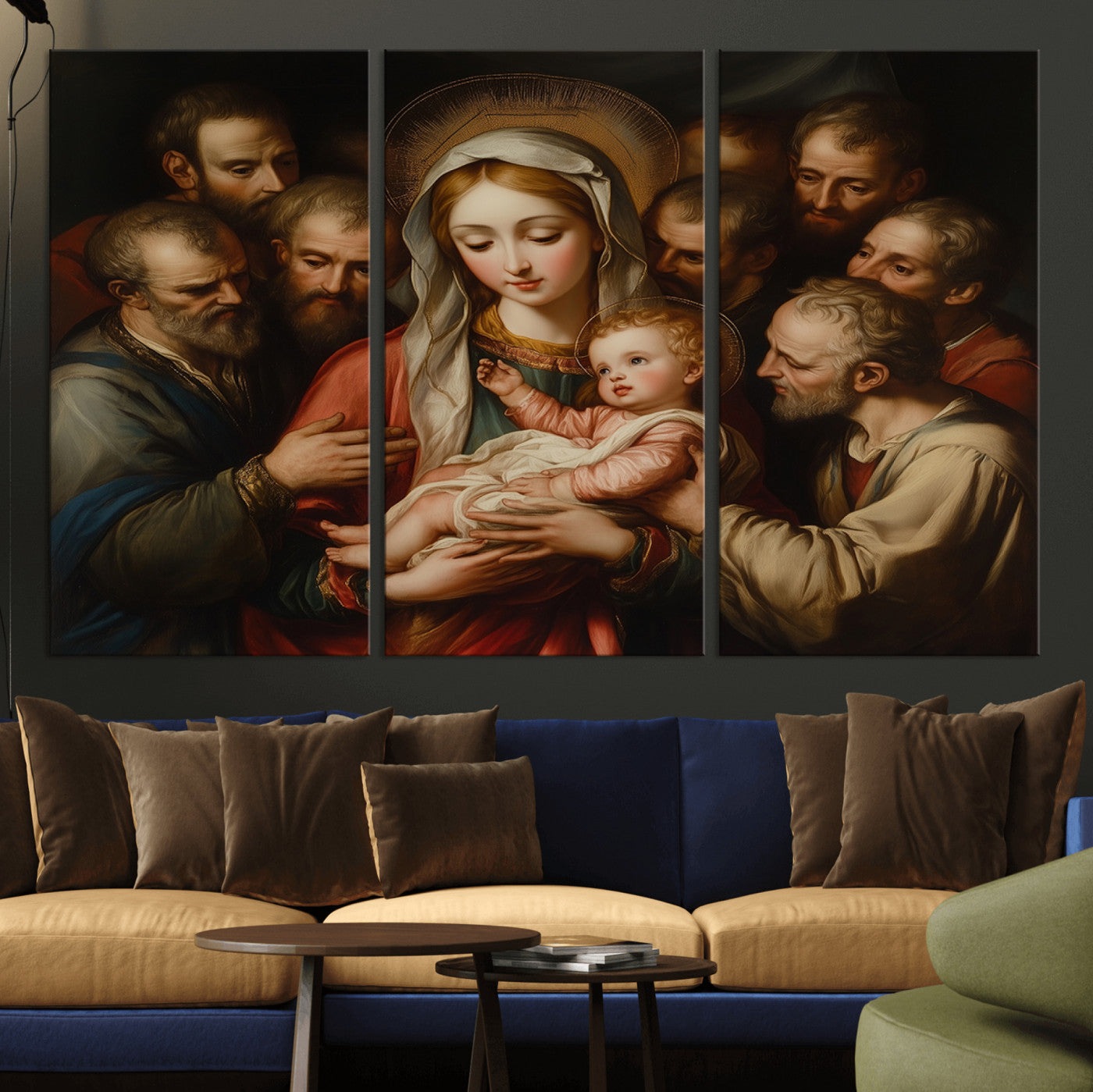 MGV-CV-48X32-3P - Religious Canvas Wall Art Print - Madonna and Child with Apostles Art Print - Classic Christian