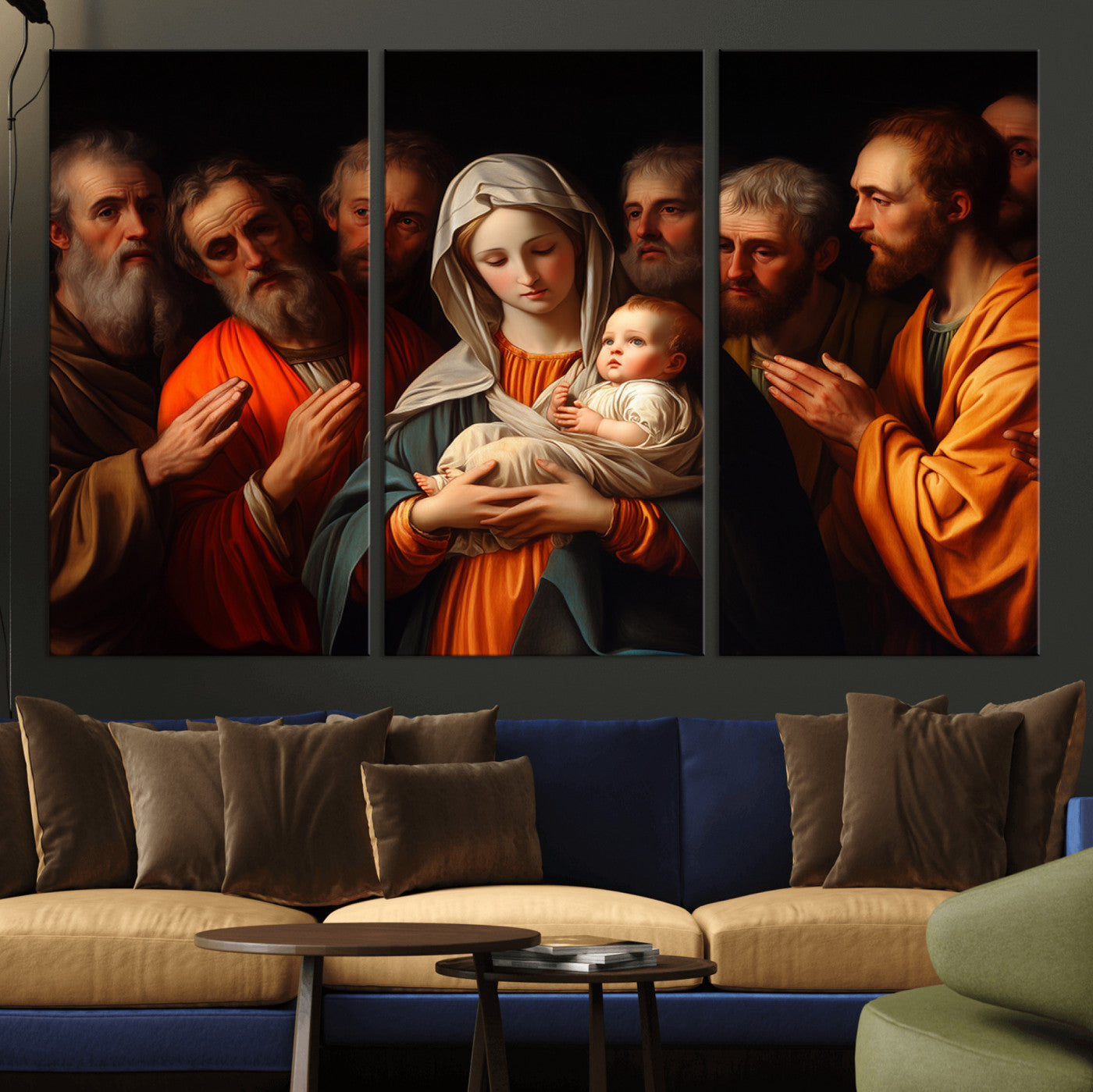 MGV-CV-48X32-3P - Religious Canvas Wall Art Print - Madonna and Child with Apostles Art Print - Classic Christian