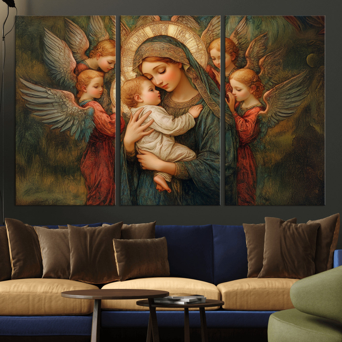 MGV-CV-48X32-3P - Mary Jesus Canvas Wall Art Print - Madonna and Child with Angels Art Print - Classic Christian