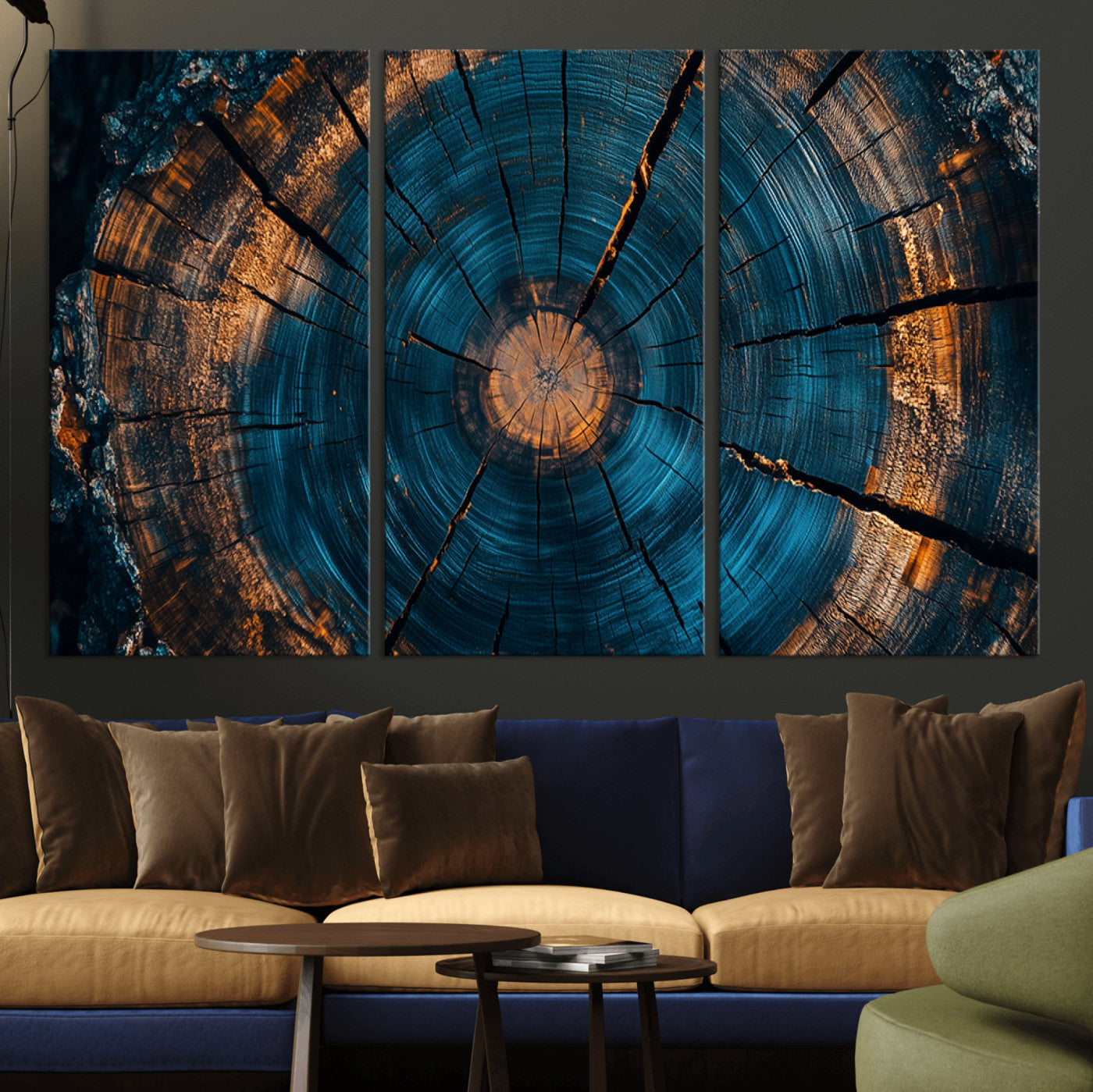 MGV-CV-48X32-3P - Farmhouse Wall Art - Abstract Tree Rings Canvas Wall Art Print, Framed Wood Grain Rings Artwork