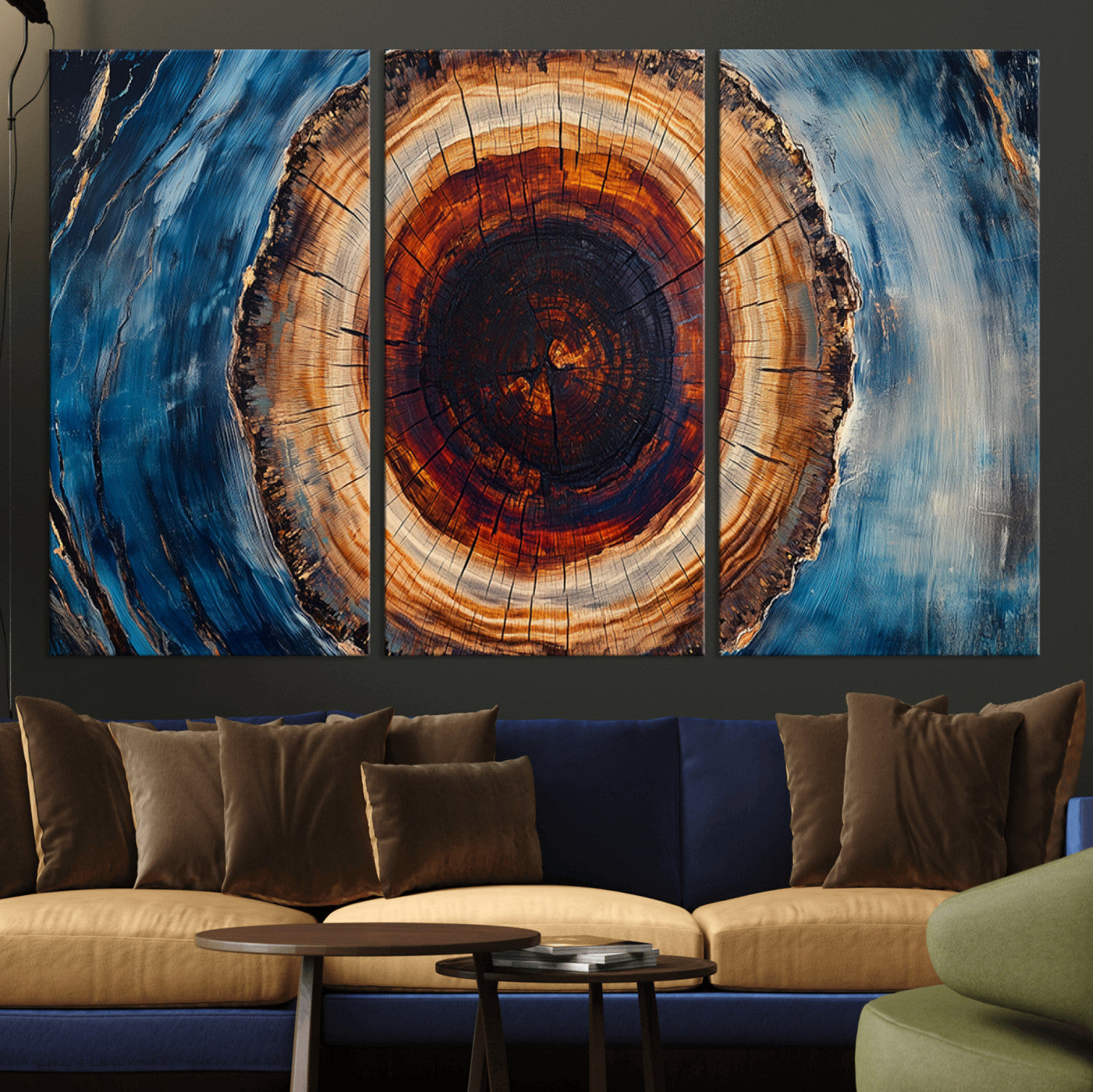 MGV-CV-48X32-3P - Framed Abstract Tree Ring Wall Art Print, Natural Rustic Wood Texture Canvas Print, Wood Tree Stump