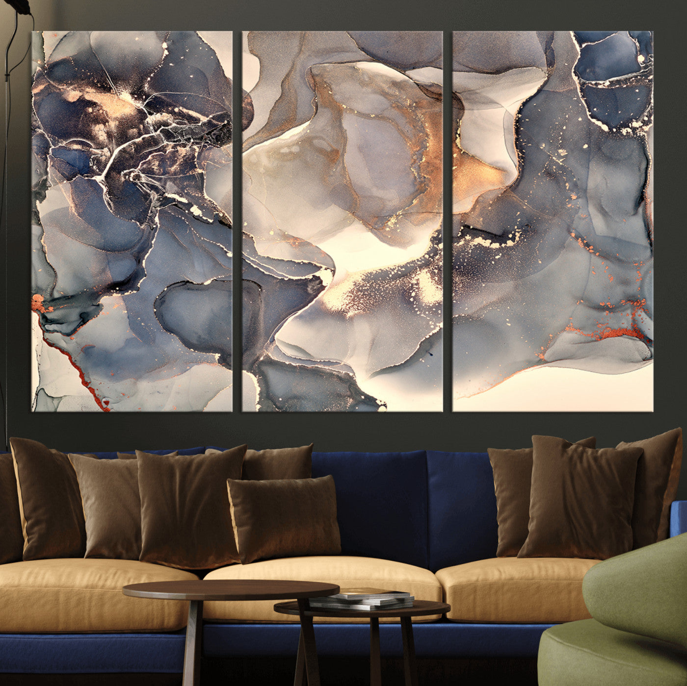 MGV-CV-48X32-3P - Abstract Blue and Gold Wall Art - Fluid Ink Artwork - Modern Luxury Wall Decor for Contemporary