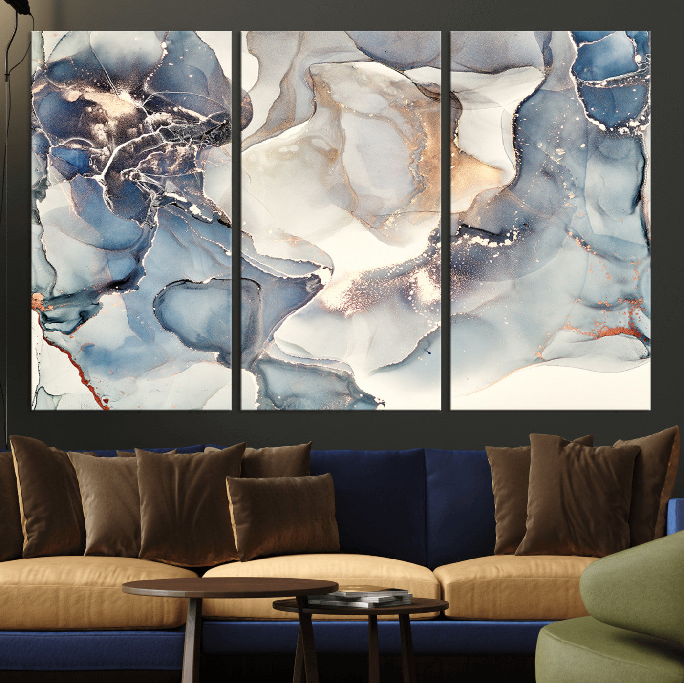 MGV-CV-48X32-3P - Abstract Blue and Gold Canvas Wall Art - Fluid Modern Ink Artwork - Modern Luxury Wall Decor for