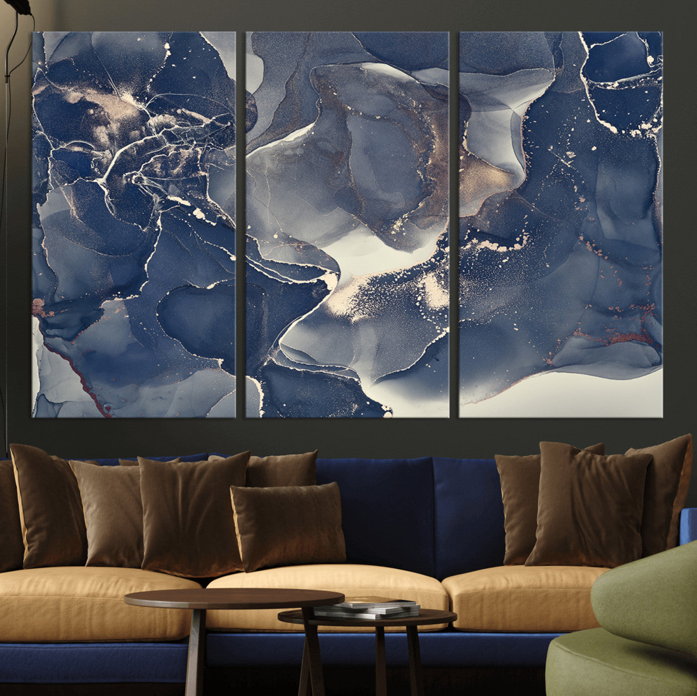 MGV-CV-48X32-3P - Large Abstract Blue and Gold Canvas Wall Art | Fluid Ink Artwork Print | Luxury Wall Decor for