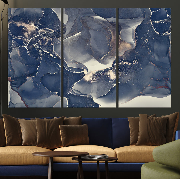 Large Abstract Blue and Gold Canvas Wall Art | Fluid Ink Artwork Print | Luxury Wall Decor for Contemporary Interiors | Framed Ready to Hang