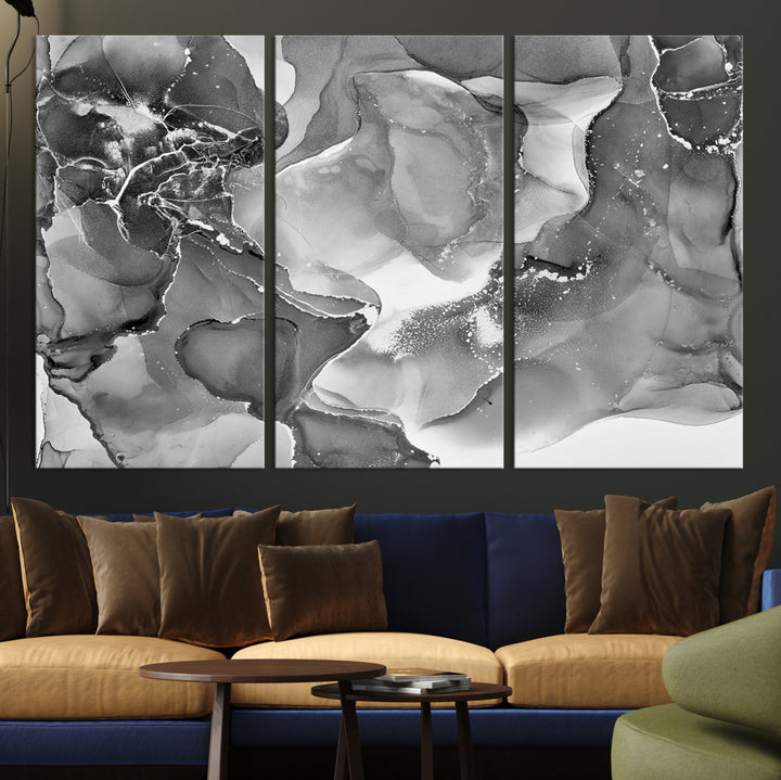 Black White Abstract Canvas Wall Art - Fluid Ink Artwork - Modern Luxury Wall Decor for Contemporary Interiors