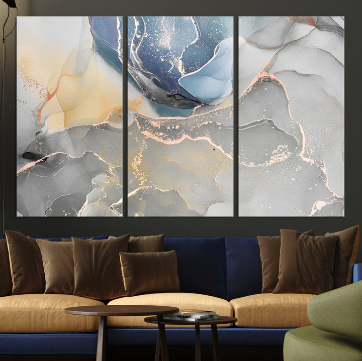 Large Abstract Blue and Gold Canvas Wall Art | Fluid Ink Artwork Print | Luxury Wall Decor for Contemporary Interiors | Framed Blue and Gold