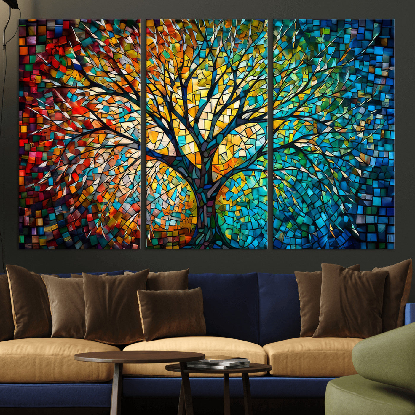 MGV-CV-48X32-3P - Yggdrasil Tree of Life Wall Art Print Canvas | Mosaic Style 3-Panel Canvas Print