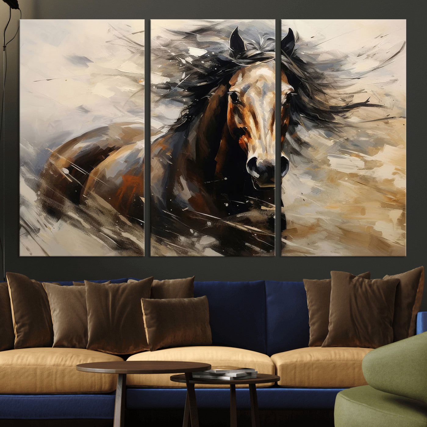 MGV-CV-48X32-3P - Abstract Wall Art Horse Print - Large Western Horse Canvas - Farmhouse Woodland Wall Art - Framed