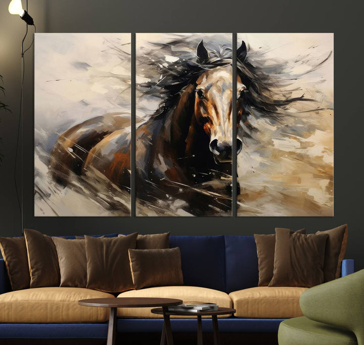 The Abstract Wall Art Horse Print adds rustic charm.