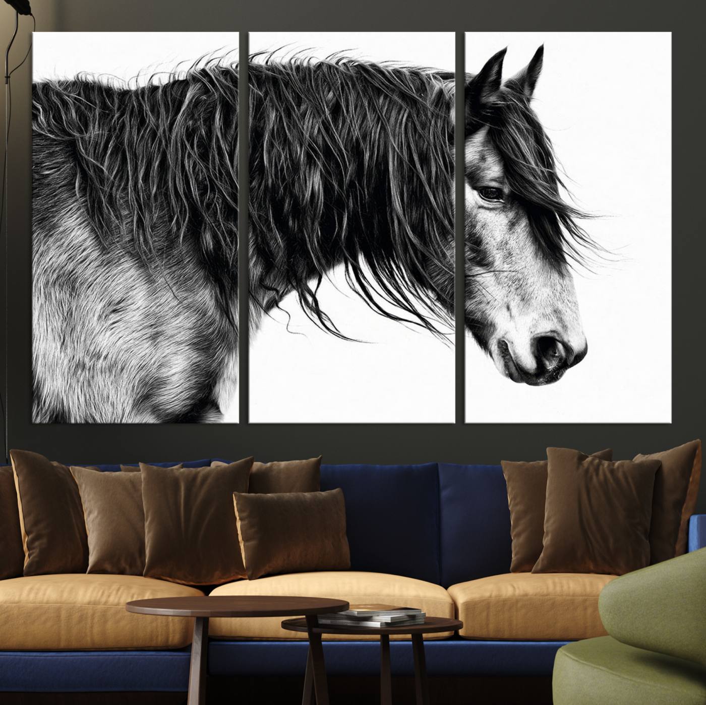 A stunning black-and-white portrait of a horse with a flowing mane, captured in dramatic detail and emotion.