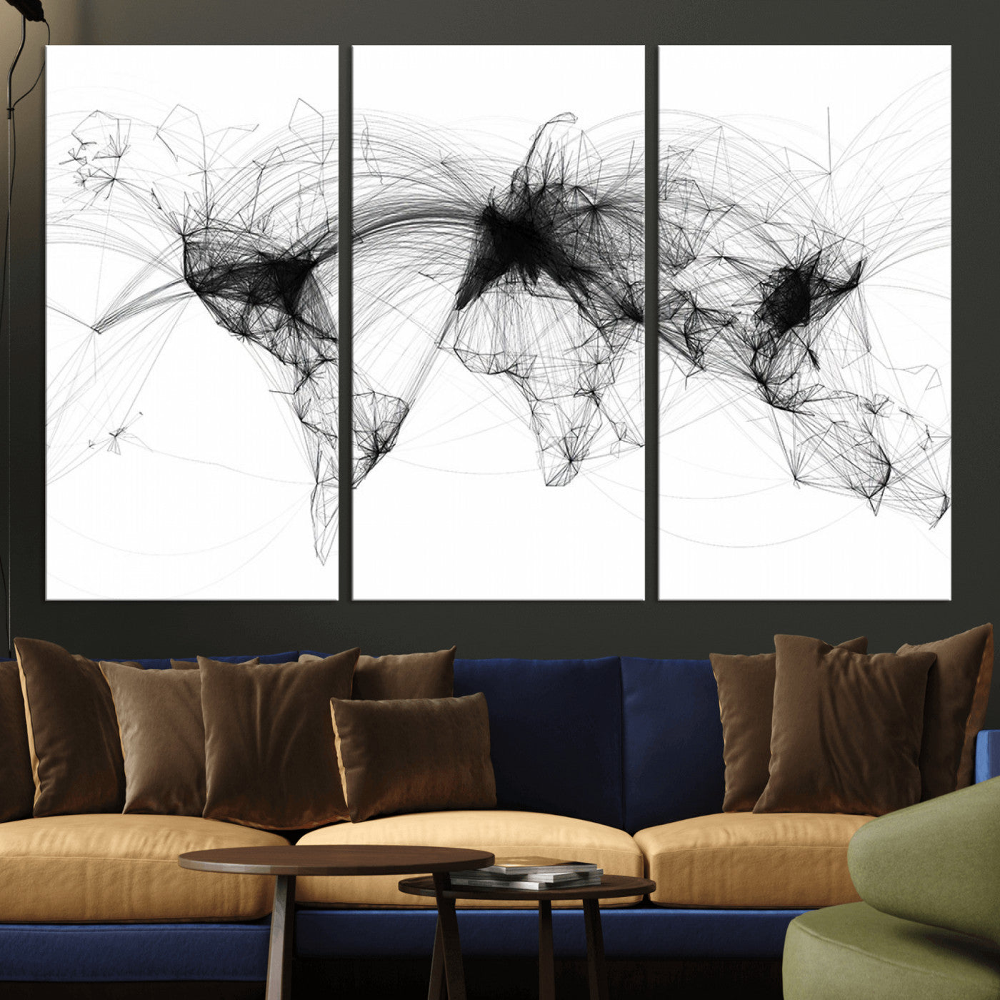 A minimalist abstract world map created from interconnected black lines representing global connectivity and communication networks.