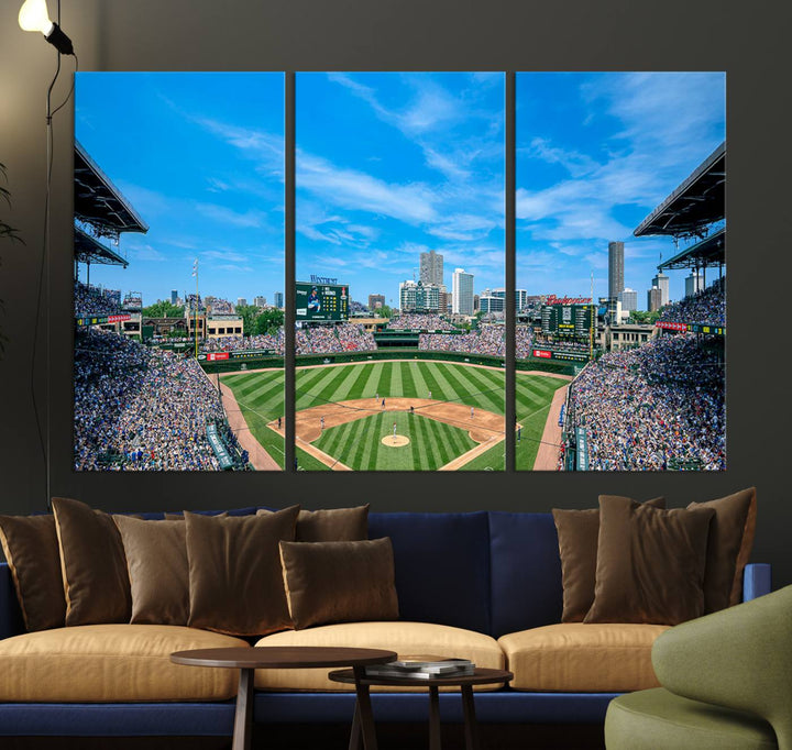 The Wrigley Field Chicago Cubs canvas art, depicting the iconic stadium, is perfect for sports lovers.