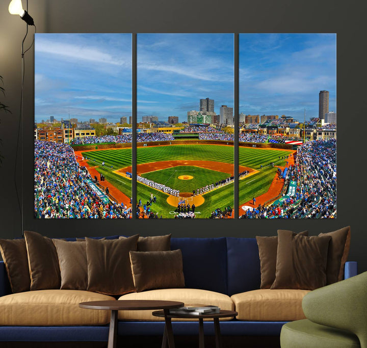 The Wrigley Field Cubs Panoramic Canvas Art hangs prominently in the modern living room.