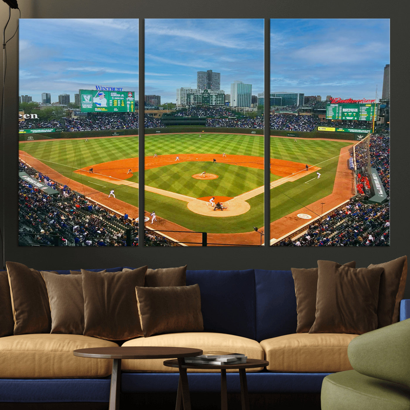 MGV-CV-48X32-3P - Wrigley Field Chicago Cubs Panoramic Multi Piece Canvas Wall Art - Iconic Baseball Stadium Print for
