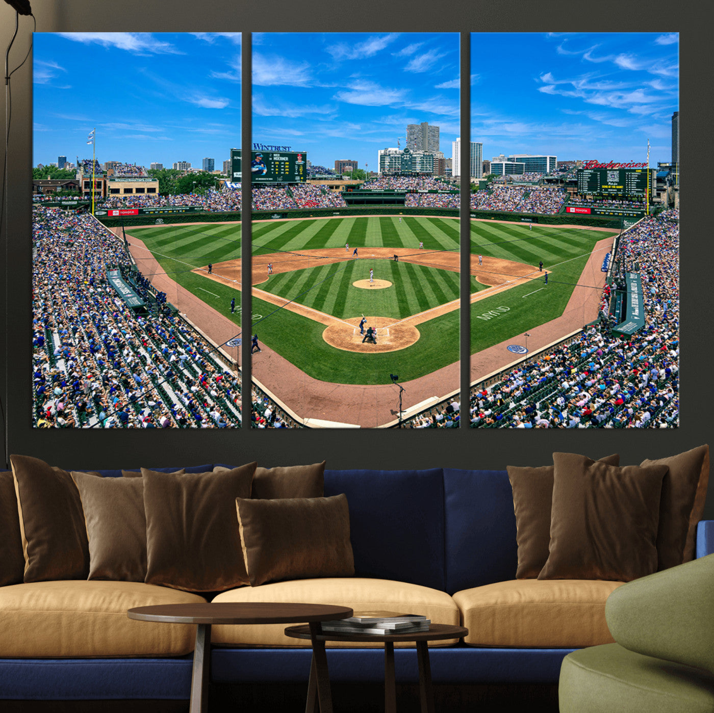 26064-MGV-CV-30X20-Framed Wrigley Field Chicago Cubs Print, Panoramic Multi Piece Canvas Wall Art - Iconic Baseball Stadium Print for Sports Lovers - Ready to