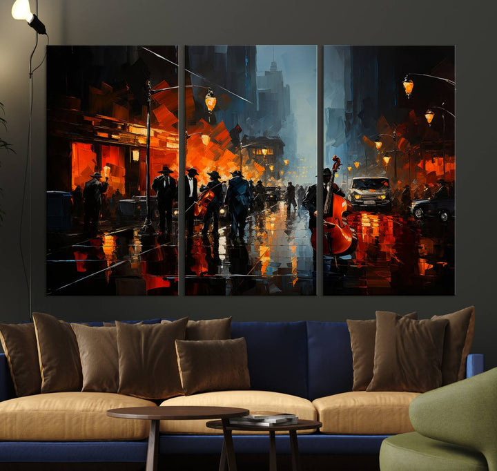 Framed Abstract Music Canvas: Jazz musicians on a rainy city street at night, with warm lights reflecting on wet pavement.