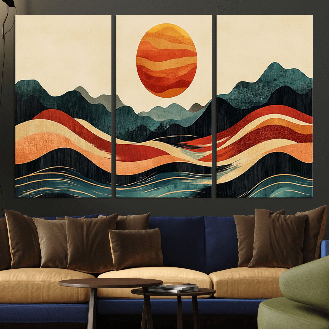 11087-MGV-CV-36X24-Mountain Triptych Wall Art - Western Nature Prints - Framed Boho Pine Tree Canvas for Log Cabin or