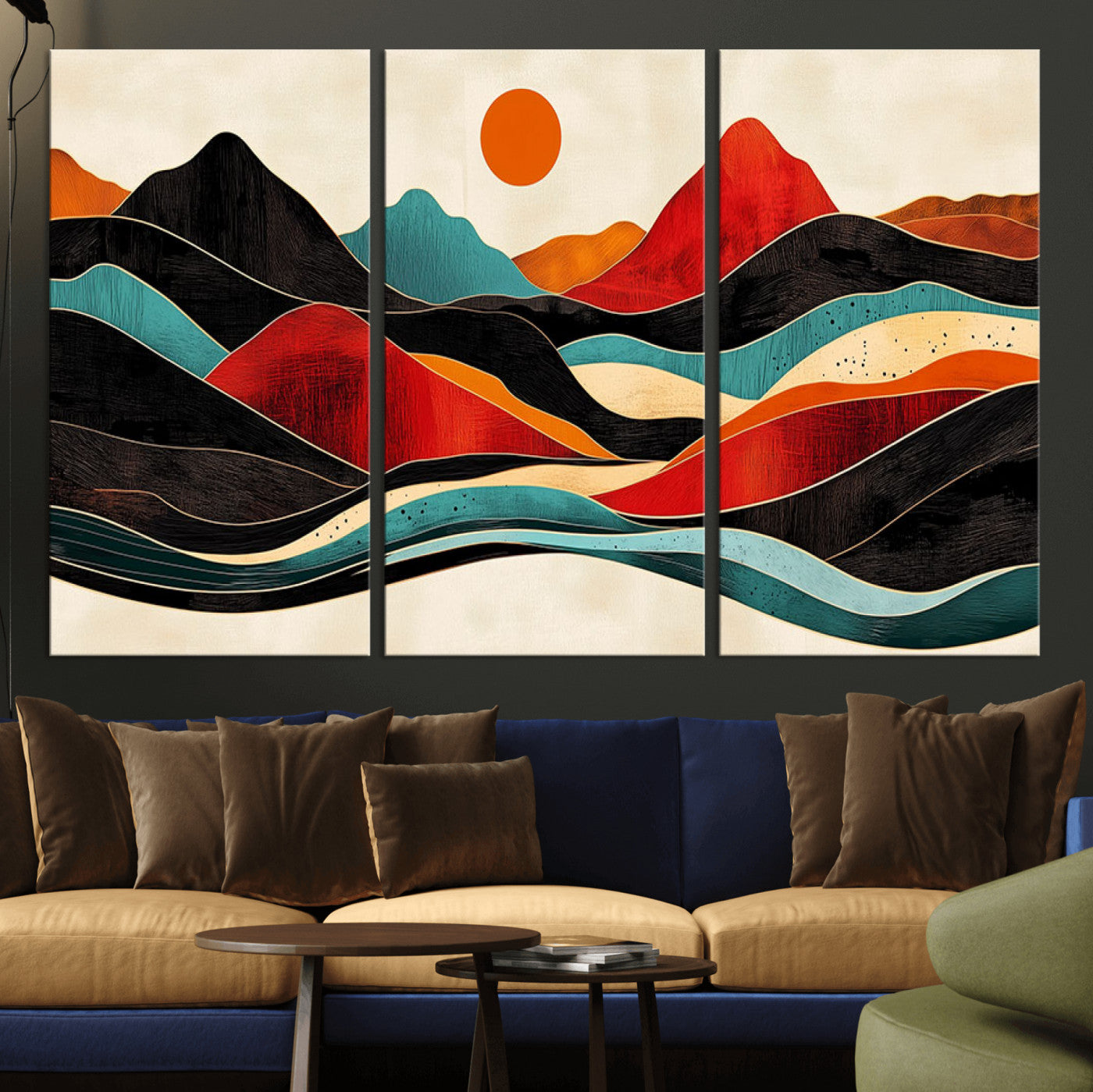 MGV-CV-48X32-3P - Western Wall Decor - Large Triptych Mountain Canvas - Boho Woodland Wall Art Print - Framed