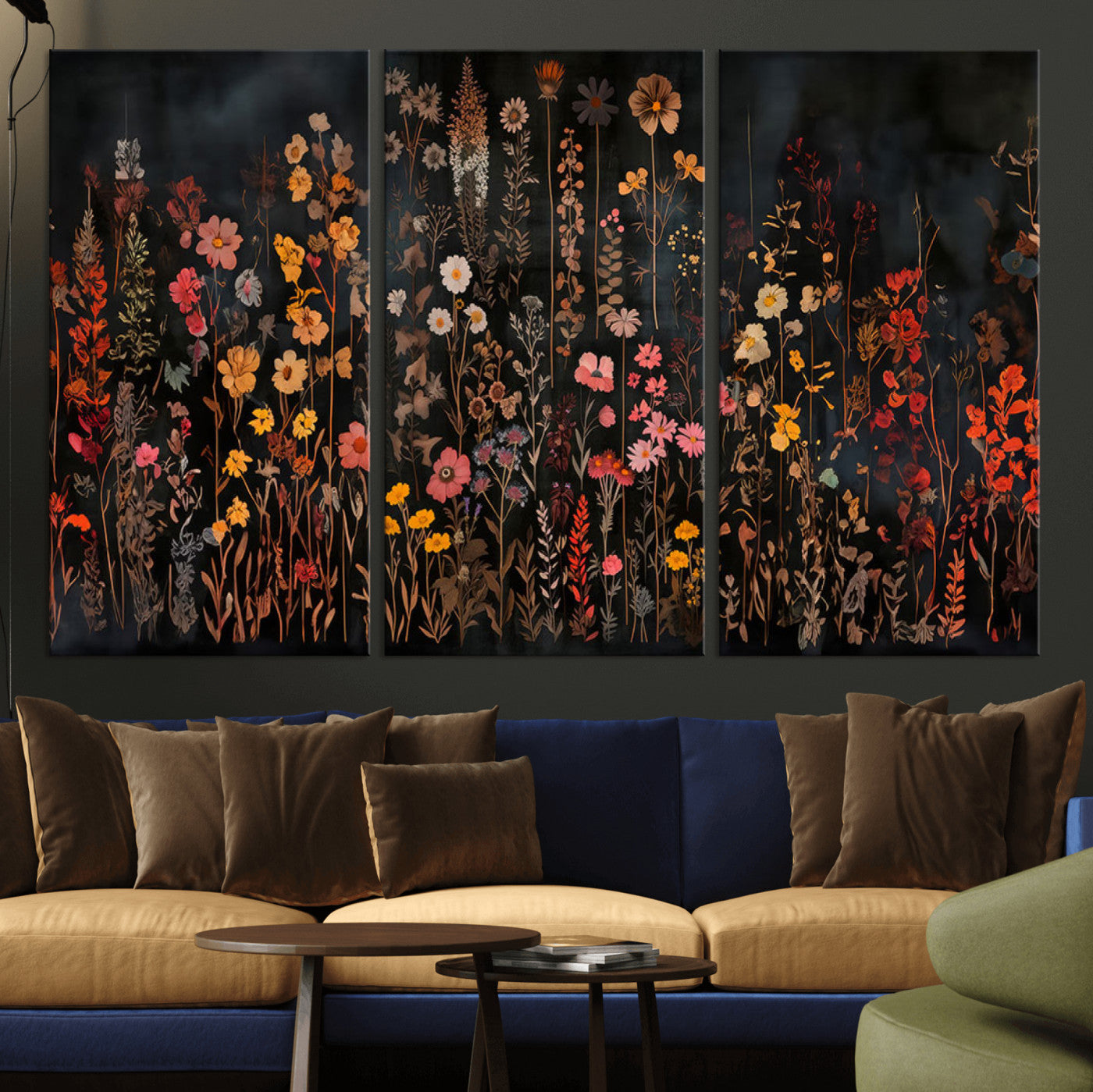 MGV-CV-48X32-3P - Dark Floral Canvas Wall Art - Moody Botanical Flower Print - Rustic Floral Wall Decor for Home -