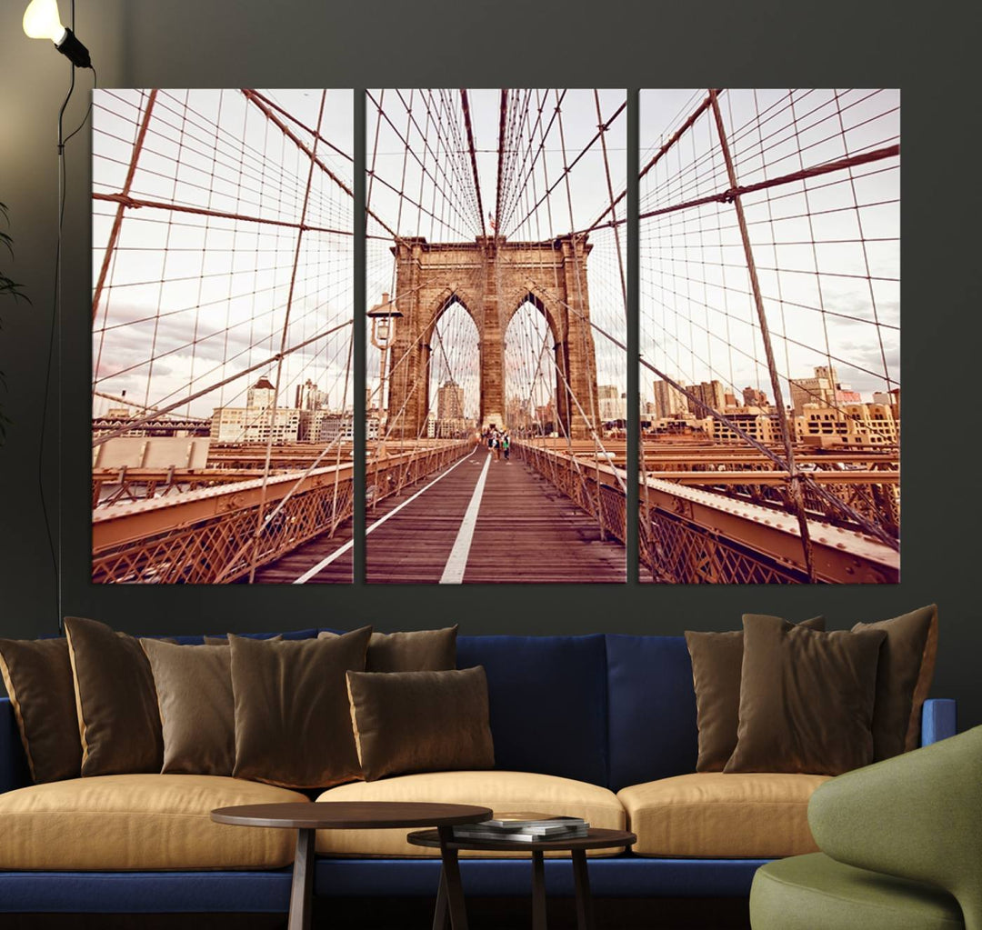 The three-panel "Wall Art New York Manhattan Cityscape Canvas Print" of the Brooklyn Bridge makes an ideal addition to minimalist interiors, capturing the essence of abstract expressionism.