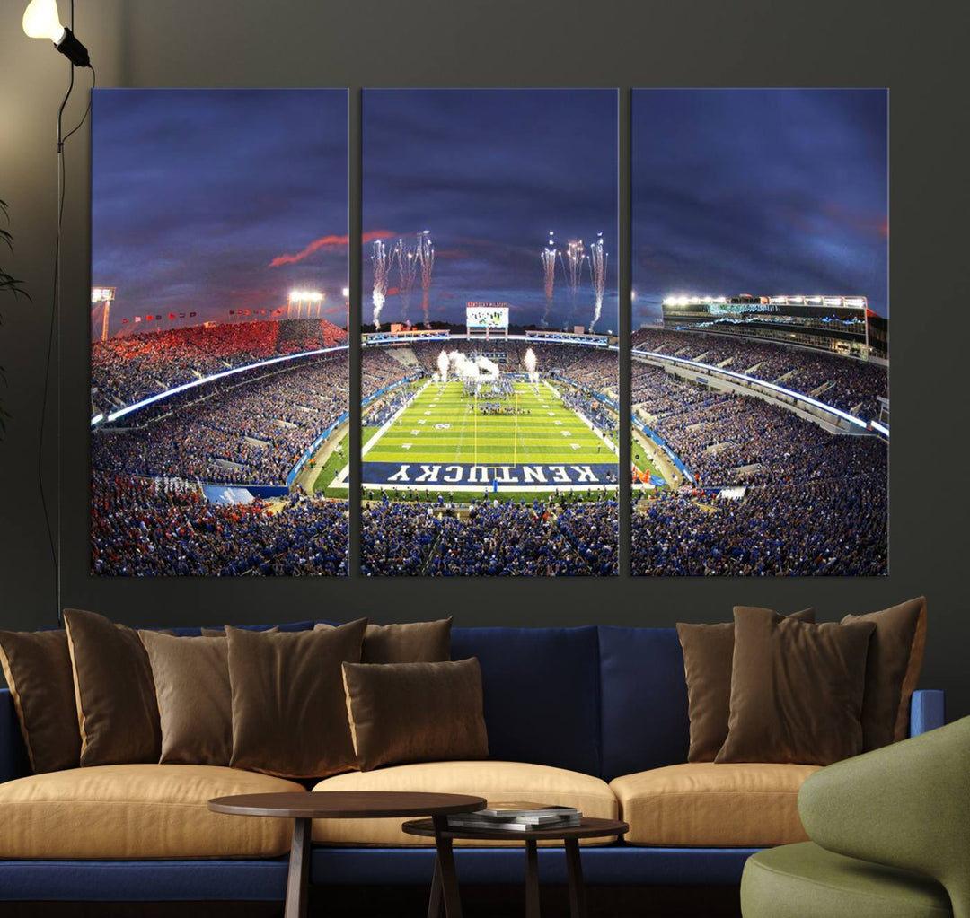 A filled stadium at dusk and fireworks overhead are beautifully captured in the Kroger Field Canvas Wall Art - Sunset Football Stadium Decor.