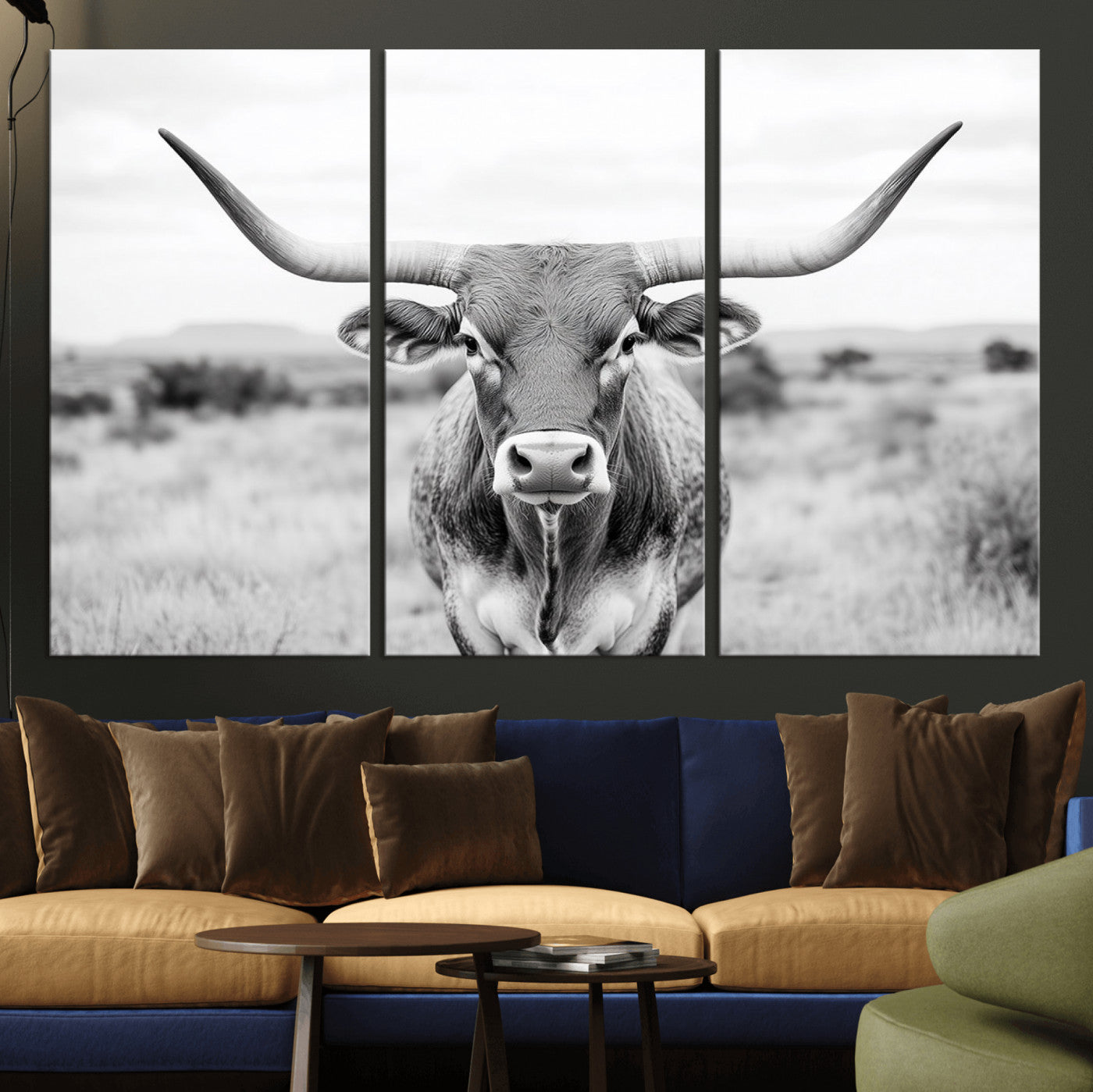 MGV-CV-48X32-3P - Highland Cow Wall Art Print - Black and White Texas Western Longhorn Canvas - Farmhouse Decor Print