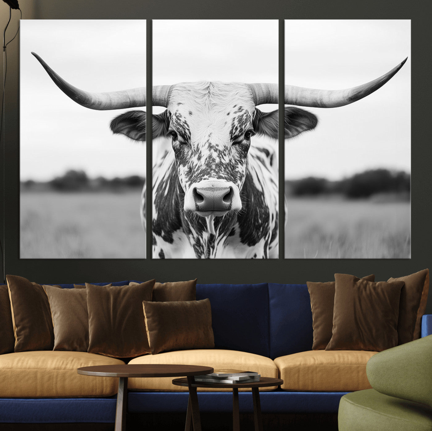 MGV-CV-48X32-3P - Highland Cow Wall Art - Black and White Western Longhorn Canvas Print - Farmhouse Living Room Decor
